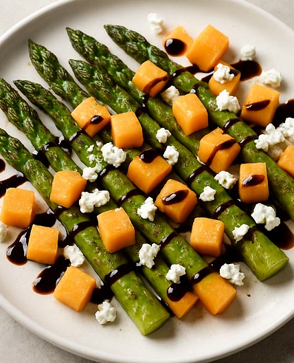 Roasted asparagus with cantaloupe, feta cheese, and a balsamic glaze