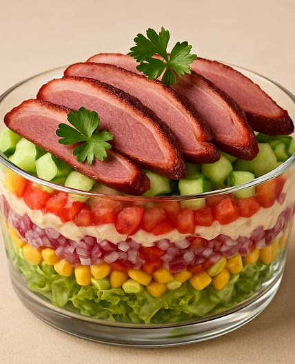 Herzhafter Schichtsalat mit geräucherter Entenbrust