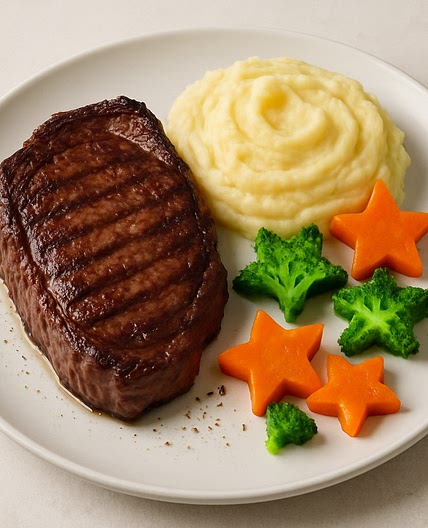 Gebratenes Entrecôte mit Kartoffel-Purée und Gemuse-Sterne