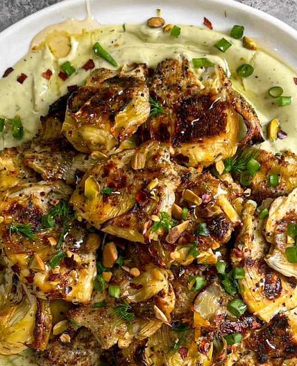Smashed Artichokes With Lemon-Caper Avocado Cream