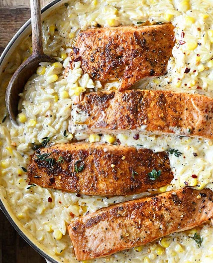 Creamed Corn Orzo with Salmon