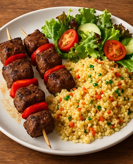 Rindfleisch Spiesse mit Couscous und Salat