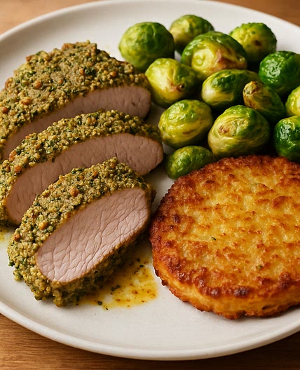 Schweinefilet in Kräuter Senf Kruste mit Rosenkohl und Rösti