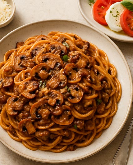 All-in-One Mushroom Ragu Spaghetti with Caprese Salad