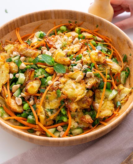Crispy Potato Salad with Spicy Peanut Sauce