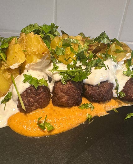 Roasted Eggplant & Lamb Meatballs with Tomatillo-Pepper Sauce an