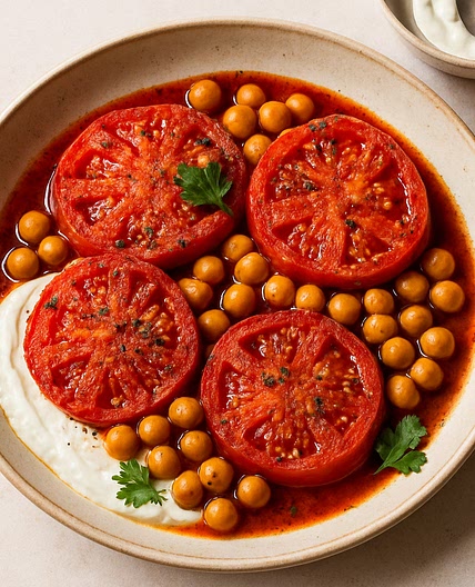 Israeli-Spiced Tomatoes, Yogurt Sauce, and Chickpeas