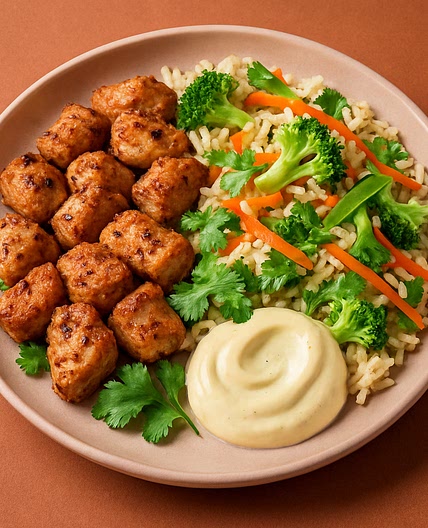 Salt-Pepper Chicken & Asian Veggie Rice with Garlic Aioli & Coriander