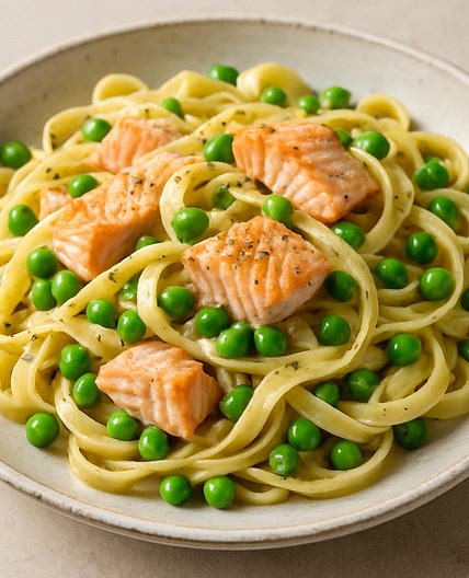 Lachs-Pasta mit Erbsen