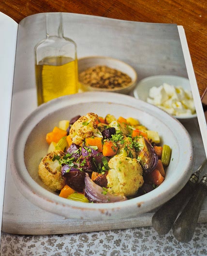 Roasted winter vegetables with spiced lentils and feta
