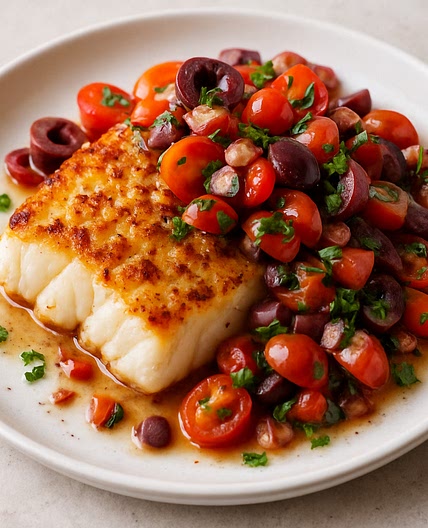 Garlic-Infused Cod with Tomato-Olive Salsa