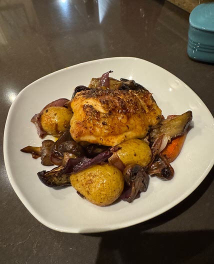 Easy chicken thighs’ traybake