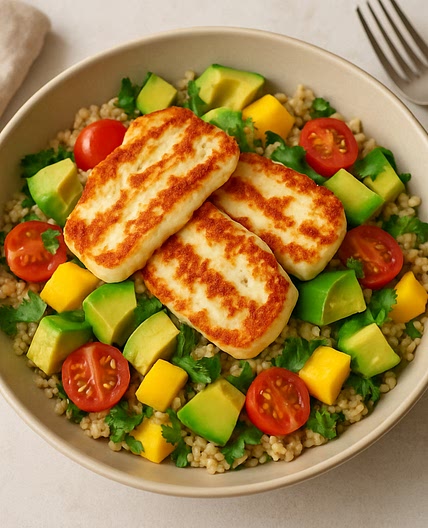 Roasted Halloumi & Bulgur Wheat Salad with Avocado, Mango