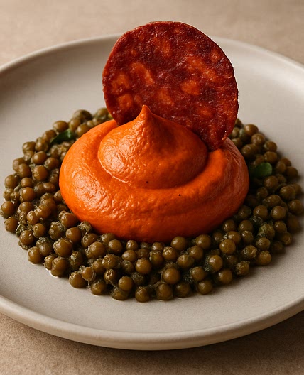 Geraucherte Paprikacreme auf Linsenbett mit Chorizo-Chip