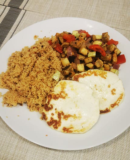 Whole-Wheat Couscous with Roasted Veg & Halloumi