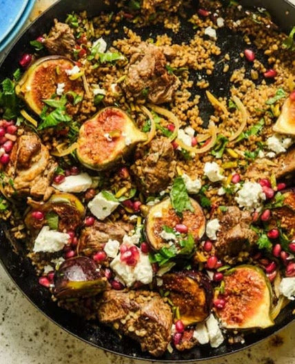 Lamb, fig and bulgur pilaf with feta and pistachios