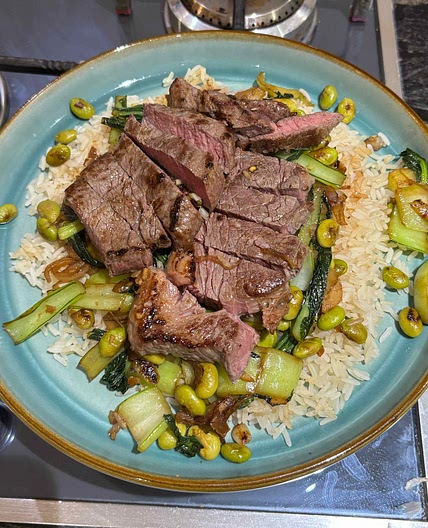 Asian Steak with Edamame, Bok Choy and Rice