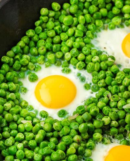 Pea Sauté with Poached Eggs