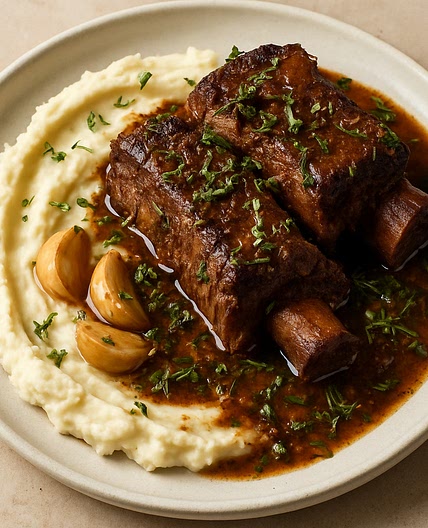 Garlic Herb Braised Short Ribs with Garlic Confit Mashed Potatoes