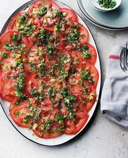 Beefsteak tomato carpaccio with green onions and ginger salsa