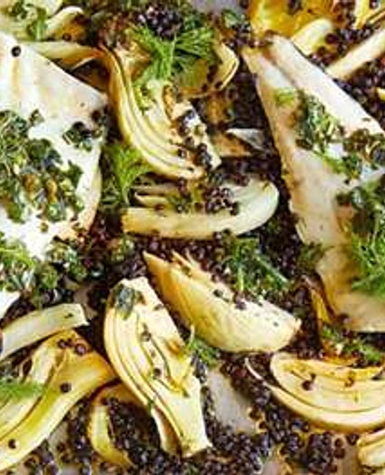 Sea bass, fennel & lentil traybake with salsa verde