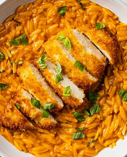 Creamy Tomato Orzo with Crispy Parmesan Chicken