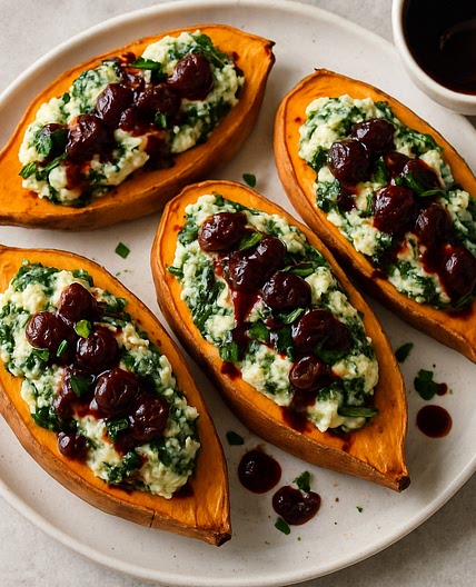 Creamy Ricotta & Spinach Stuffed Sweet Potatoes with Balsamic Cranberry Glaze