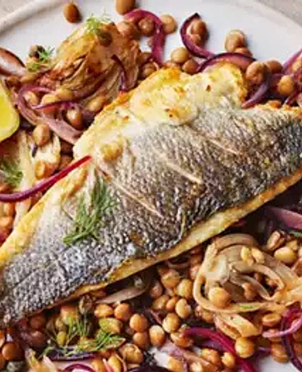 Crispy sea bass with lentils