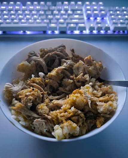 Rice with chicken, egg and soy sauce