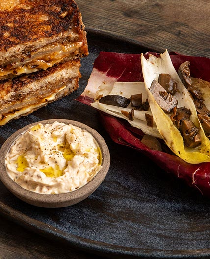 Buttered Pear, Brie and Manchego Toastie with Onion Crème Fraîche Recipe