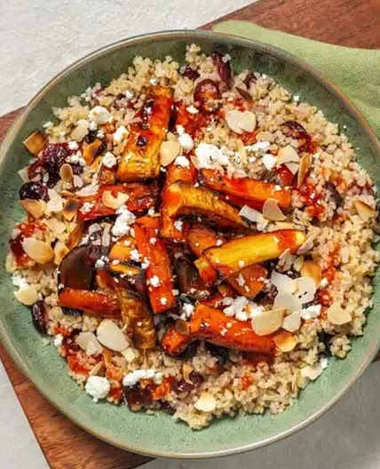 Honey harissa halloumi with roasted veggies