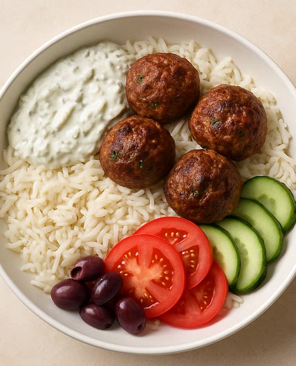 Greek Meatball Bowl with Tzatziki, Rice & Fresh Veggies