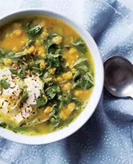 Spiced red lentil, turmeric and spring greens soup