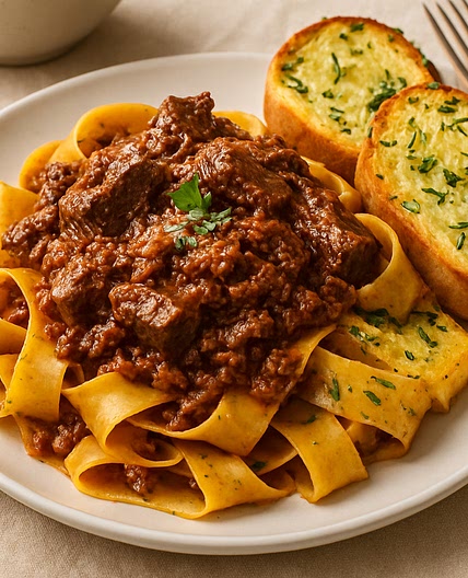 Healthier Braised Beef Bolognese Pappardelle with Rosemary Garlic Bread