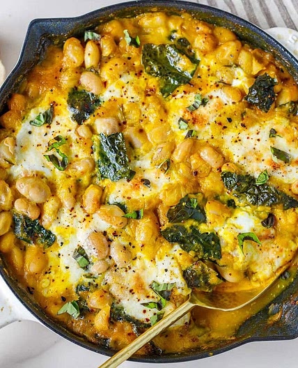 Baked Beans with Butternut Sauce, Burrata and Kale