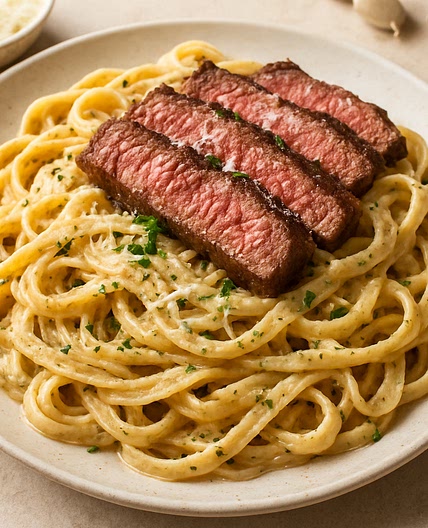Garlic Parmesan Steak Pasta