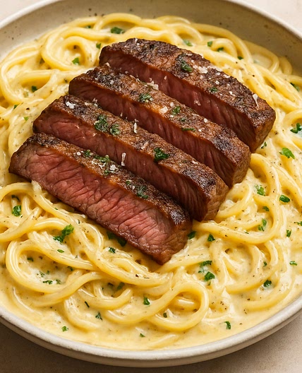 Steak Spaghetti in Creamy Southern Garlic Parmesan Sauce