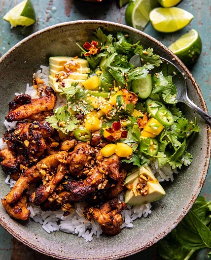 Chili Crisp Chicken Mango Cucumber Rice Bowl