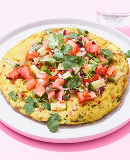 Curried chickpea cake with tomato sambal