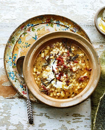 Celeriac, bacon and barley soup