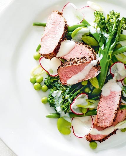 Spring vegetables with pepper-crusted lamb