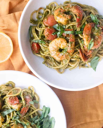Shrimp and Pesto Pasta with Tomatoes (Dairy Free)