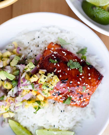 BBQ Salmon Bowls with Mango Avocado Salsa