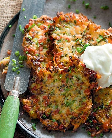 Zucchini and bacon fritters with garlic yoghurt