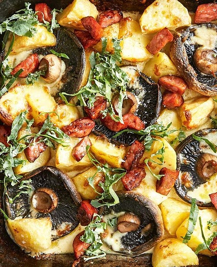 Cheesy chorizo, potato and mushroom bake recipe