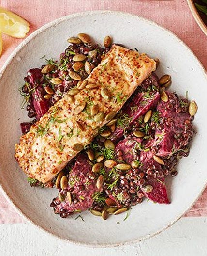 Mustardy salmon with beetroot & lentils