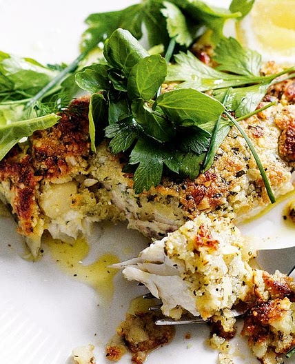 Macadamia-crusted fish with herb salad