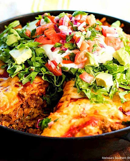 Stacked Beef and Bean Tostada Skillet