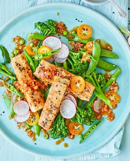Spice-crusted tofu with kumquat radish salad