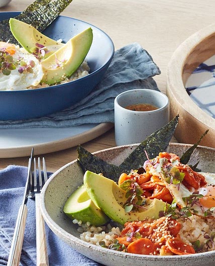 Kimchi, fried egg and brown rice brekkie bowl